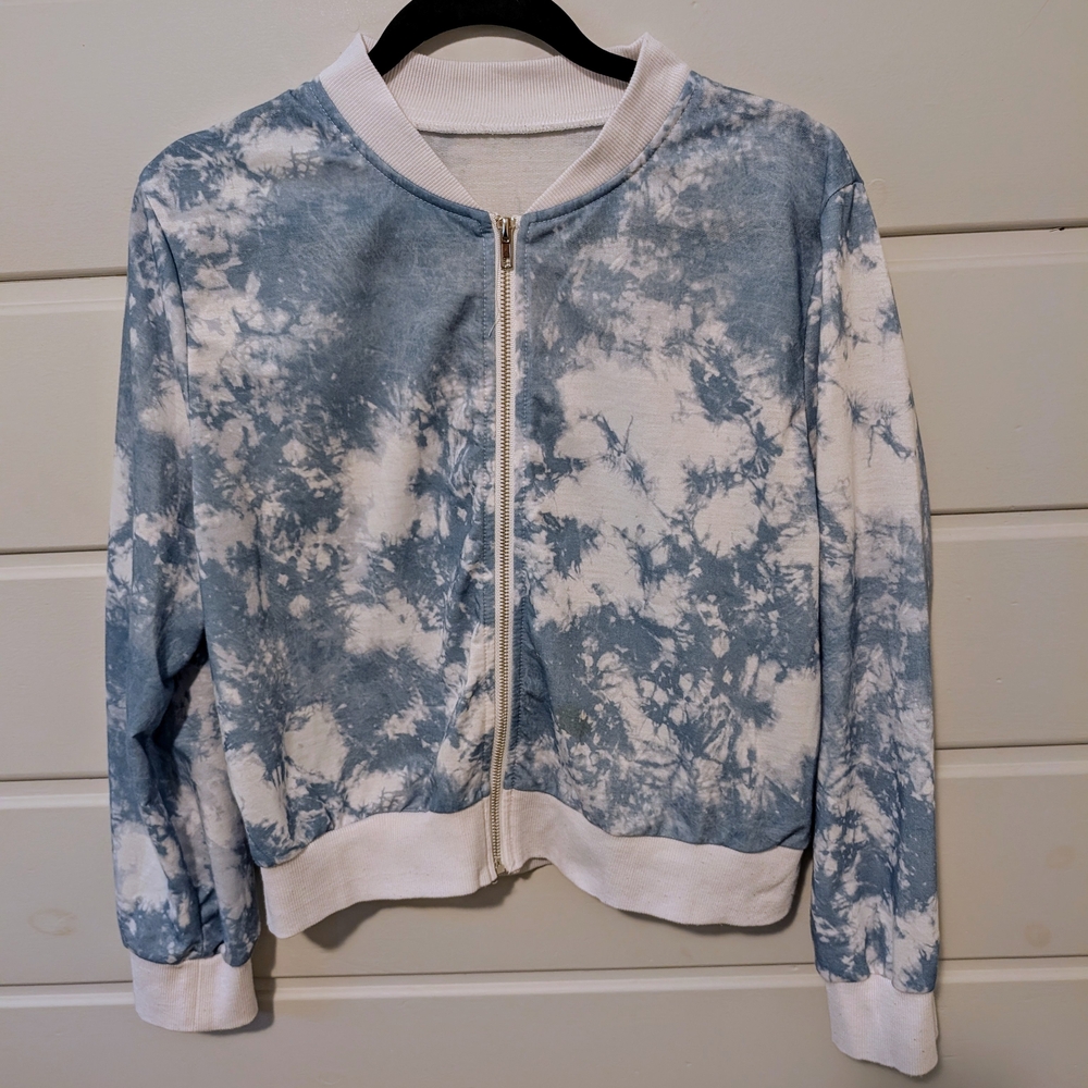 Blue and White Tie-Dye Zip-Up Jacket